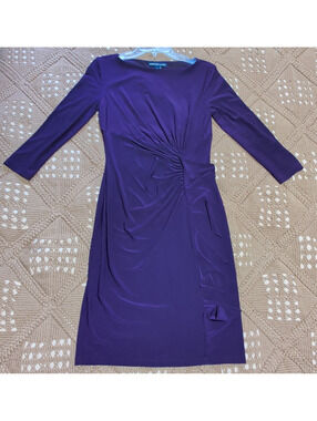 American Living Solid A-Line Dress Size 6 Purple Boat Neck Ruched 3/4 Knee